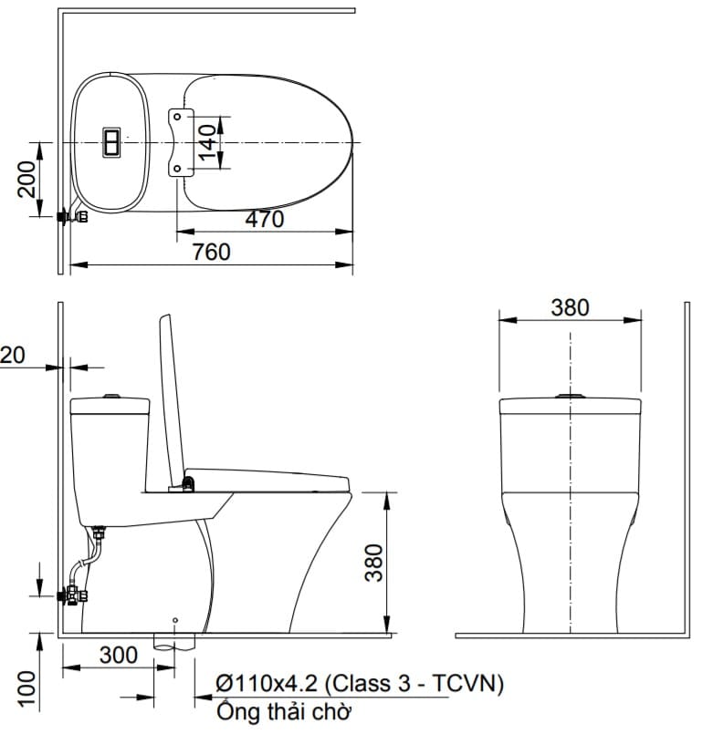 Bản vẽ kỹ thuật Bồn Cầu INAX AC-959A/CW-S15VN Nắp Rửa Cơ