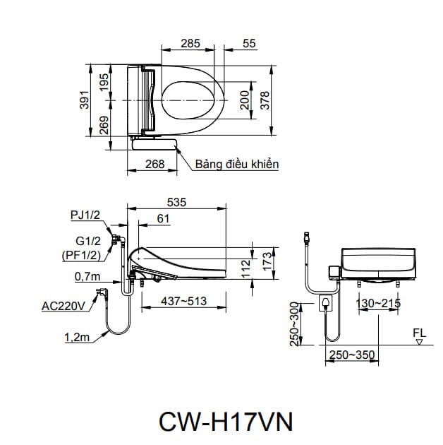 Bản vẽ kỹ thuật Nắp bàn cầu điện tử Inax CW-H17VN