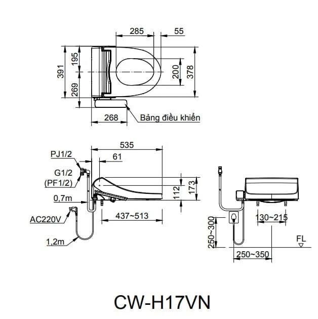 Bản vẽ kỹ thuật Nắp bàn cầu điện tử Inax CW-H17VN