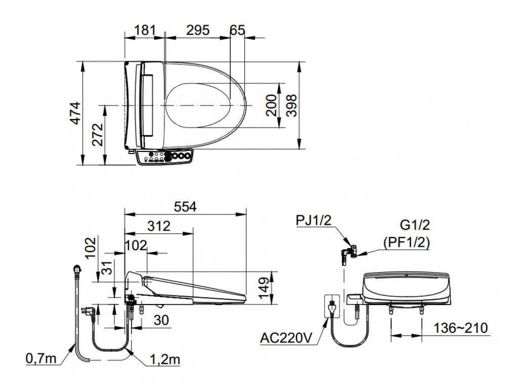 bản vẽ kỹ thuật Nắp bàn cầu điện tử Inax CW-KB22AVN