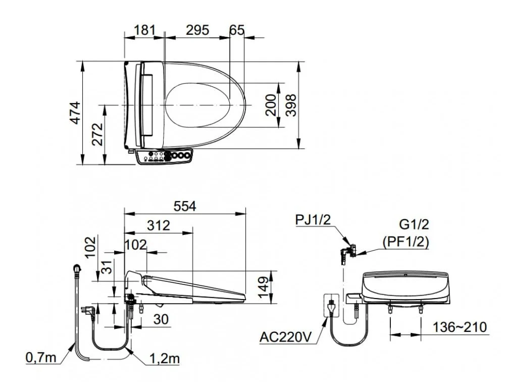 bản vẽ kỹ thuật Nắp bàn cầu điện tử Inax CW-KB22AVN