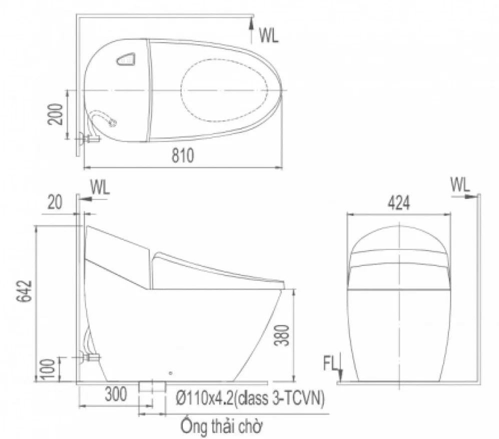Bản vẽ kỹ thuật Bồn Cầu Nắp Điện Tử INAX AC-2700/CW-KB22AVN