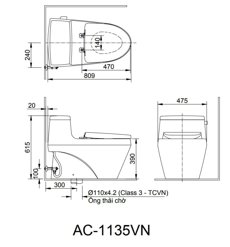 Bản vẽ kỹ thuật Bồn cầu nắp rửa điện tử Inax AC-1135+CW-H18VN