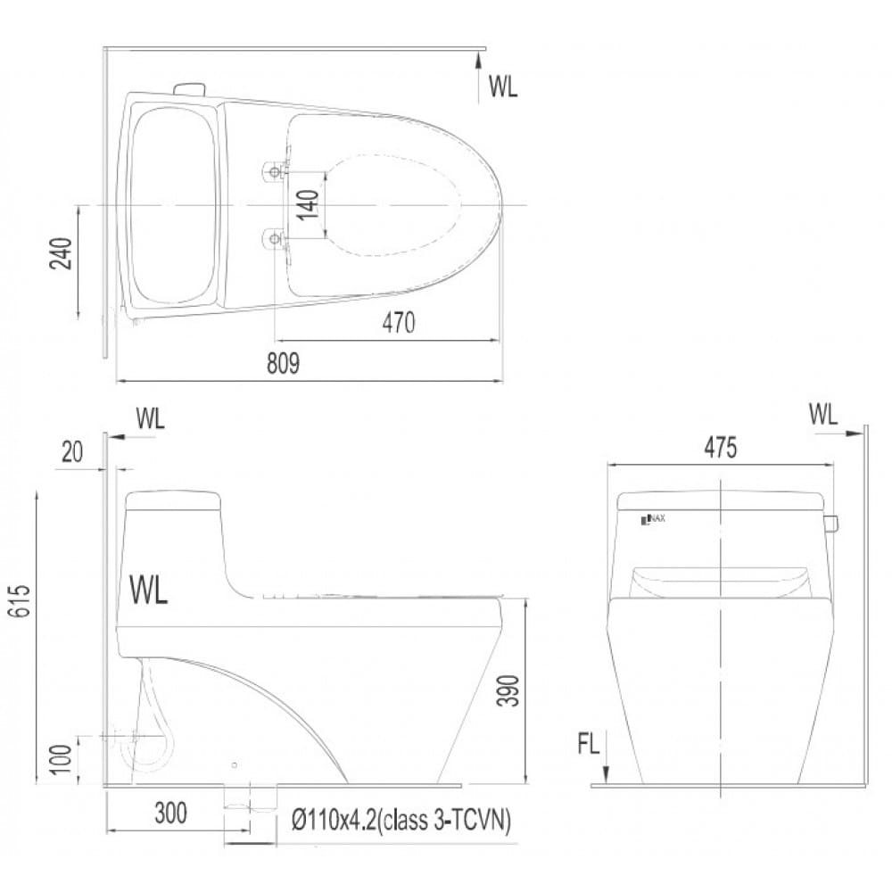 Bản vẽ kỹ thuật Bồn cầu 1 khối nắp điện tử Inax AC-1035+CW-KA22AVN