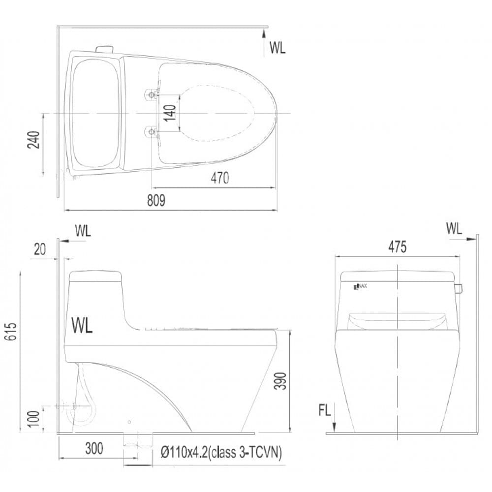 bản vẽ kỹ thuật Bồn cầu 1 khối nắp điện tử Inax AC-1135+CW-KA22AVN