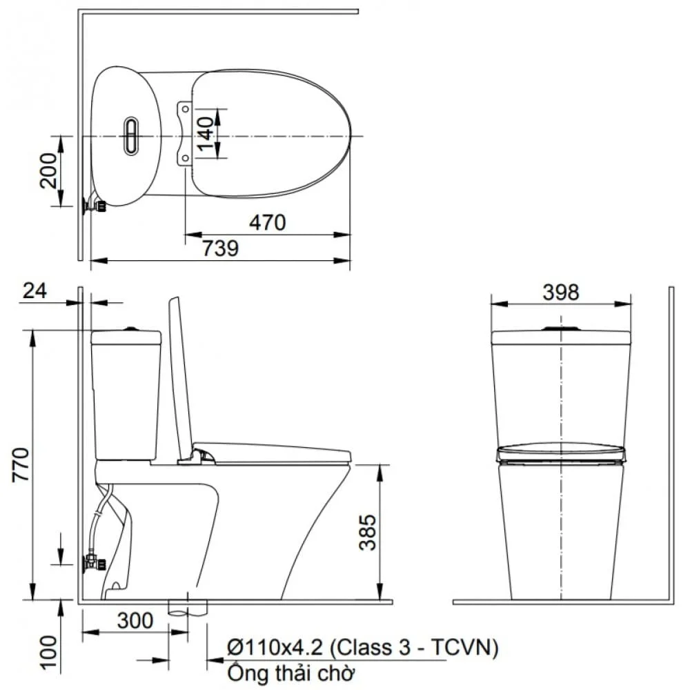 bản vẽ kỹ thuật Bồn cầu 2 khối nắp điện tử Inax AC-700A+CW-KA22AVN