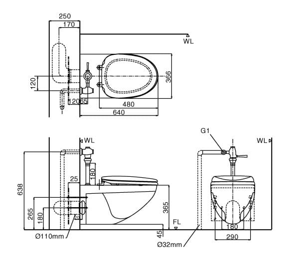 Bản vẽ kỹ thuật Bồn cầu treo tường nắp điện tử INAX AC-22P+CW-KA22AVN