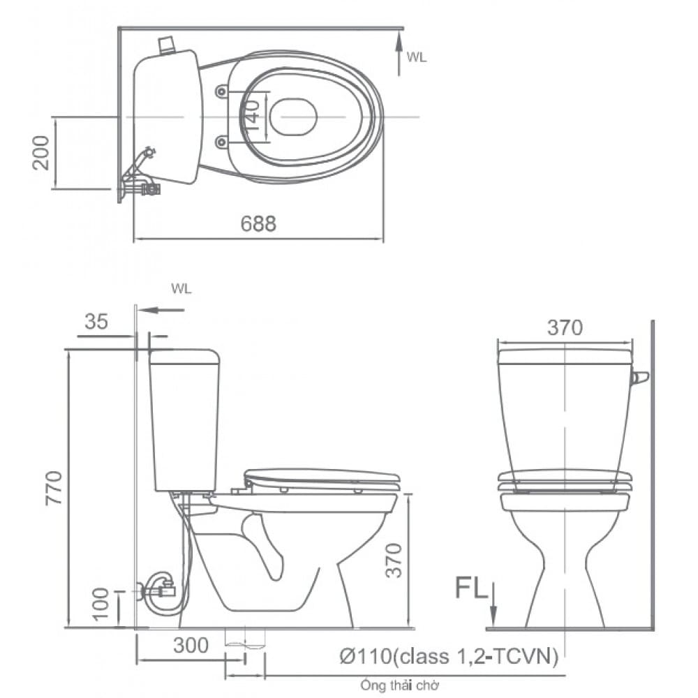 Bản vẽ kỹ thuật Bàn cầu 2 khối nắp êm INAX C-117VAN
