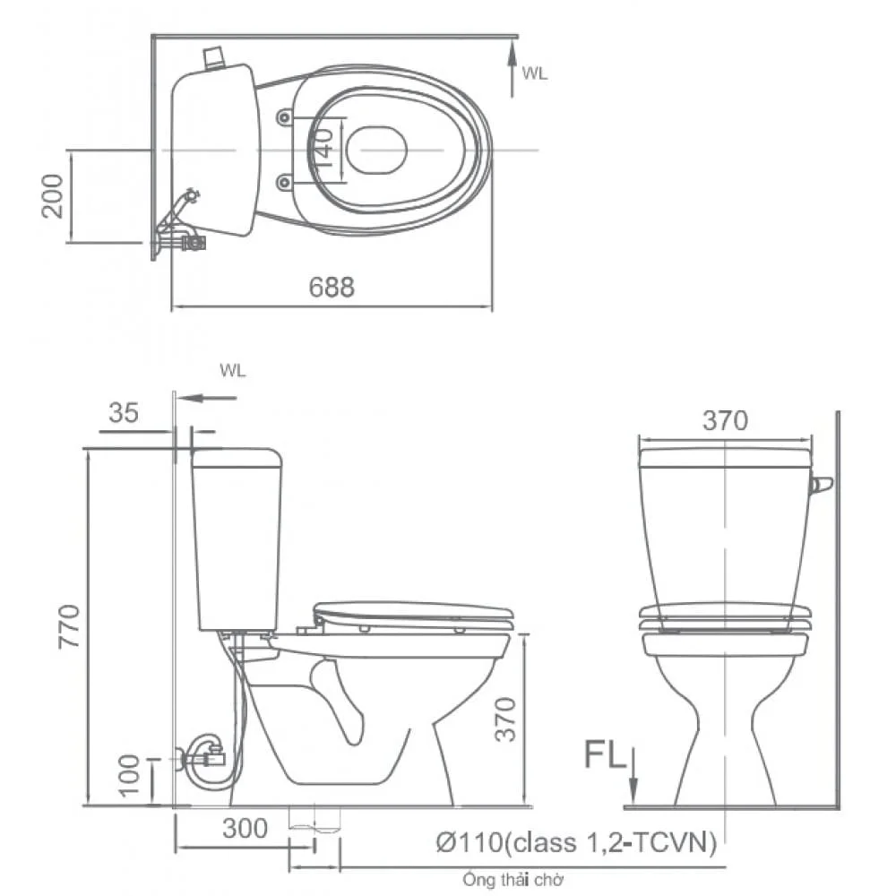 Bản vẽ kỹ thuật Bàn cầu 2 khối nắp êm INAX C-117VAN