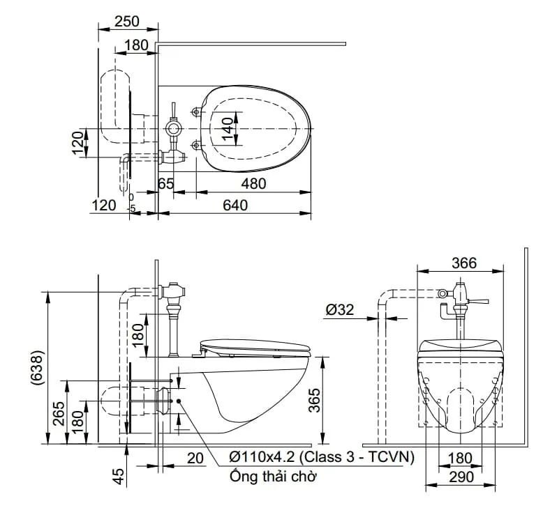 Bản vẽ kỹ thuật Bàn cầu treo tường xả tay gạt Inax AC-22PVN