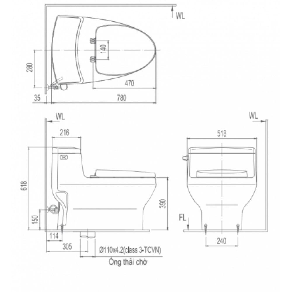 bản vẽ kỹ thuật Bàn cầu 1 khối xả gạt nắp êm Inax AC-4005VN