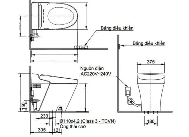 Bản vẽ kỹ thuật Bồn Cầu Thông Minh INAX AC-G216VN/BW1