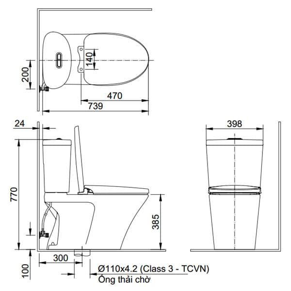 bản vẽ kỹ thuật Bồn cầu 2 khối nắp điện tử Inax AC-700A+CW-KB22AVN
