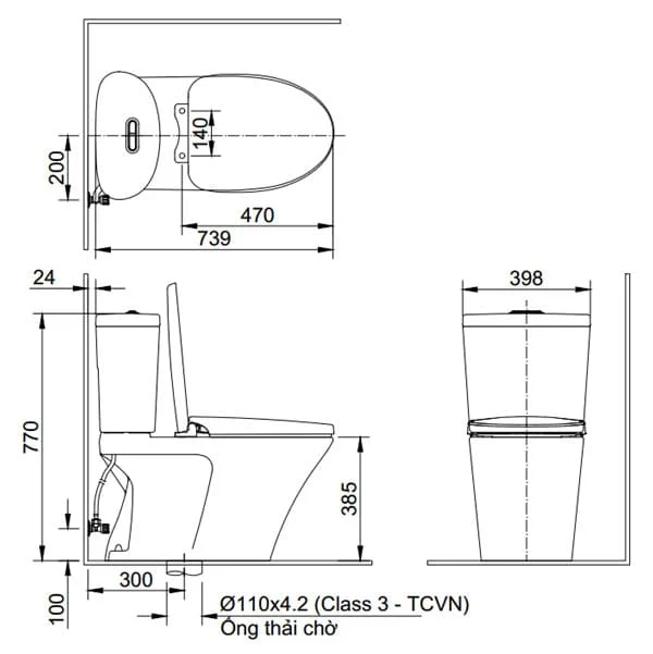 bản vẽ kỹ thuật Bồn cầu 2 khối nắp điện tử Inax AC-700A+CW-KB22AVN