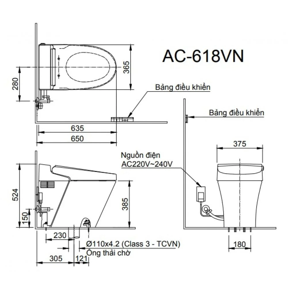 bản vẽ kỹ thuật Bàn cầu điện tử SATIS S Inax AC-618VN
