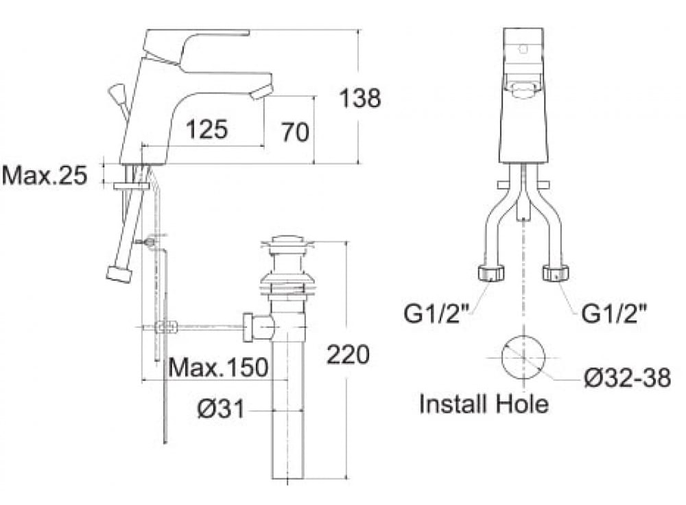 bản vẽ kỹ thuật Vòi rửa mặt nóng lạnh Concept Square American Standard WF-0401