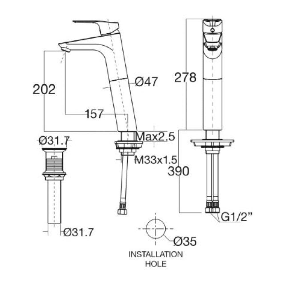 Bản vẽ kỹ thuật Vòi chậu cao nóng lạnh 1 chân American Standard WF-0303