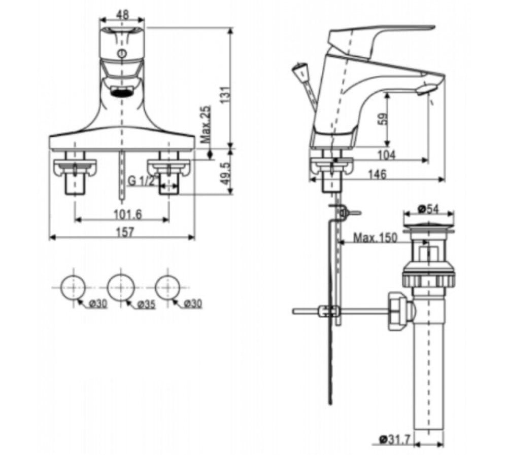 Bản vẽ kỹ thuật Vòi rửa mặt nóng lạnh Cygnet American Standard WF-0302