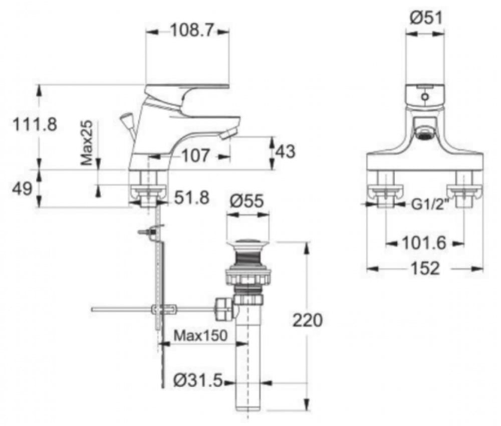 Bản vẽ kỹ thuật Vòi rửa mặt nóng lạnh Concept American Standard WF-1401