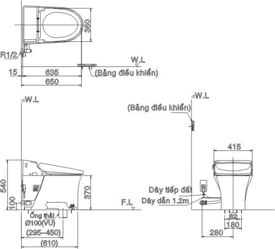 Bản vẽ kỹ thuật Bàn cầu cảm ứng Inax SATIS GC-218VN-LS1/BW1