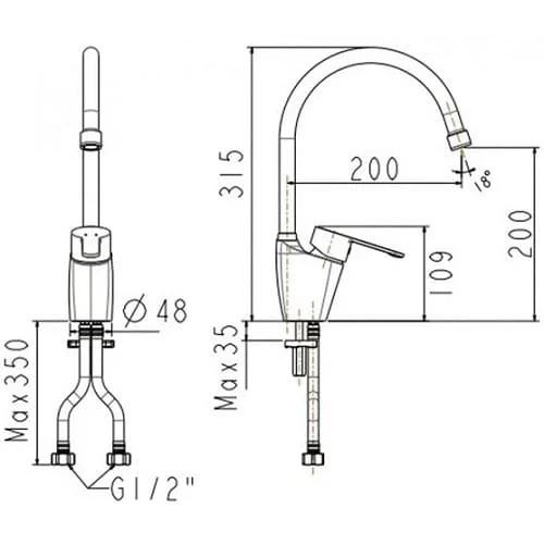 Bản vẽ kỹ thuật Vòi rửa bát nóng lạnh American Standard WF-5624