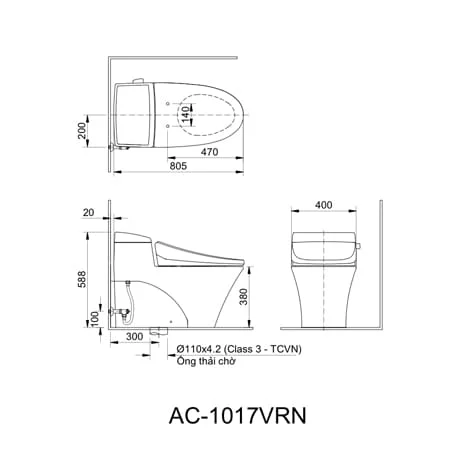Bản vẽ kỹ thuật Bồn cầu nắp rửa điện tử Inax AC-1017R+CW-H17VN