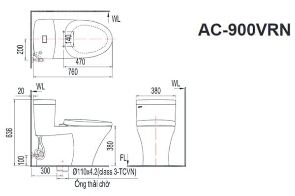 bản vẽ kỹ thuật Bồn cầu nắp rửa điện tử Inax AC-900R/CW-H17VN
