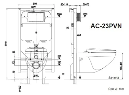 Bản vẽ kỹ thuật Bồn cầu treo tường nắp điện tử INAX AC-23P+CW-KB22AVN