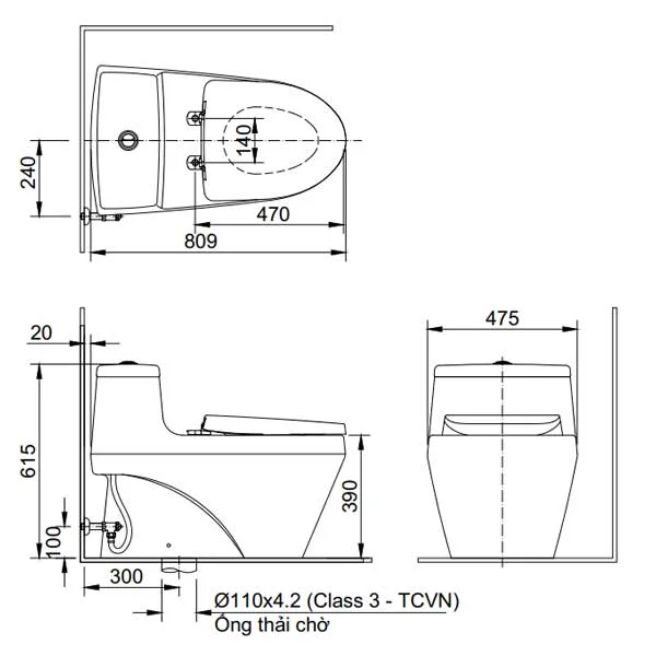 Bản vẽ kỹ thuật Bồn cầu 1 Khối nắp rửa điện tử Inax AC-1035+CW-H17VN