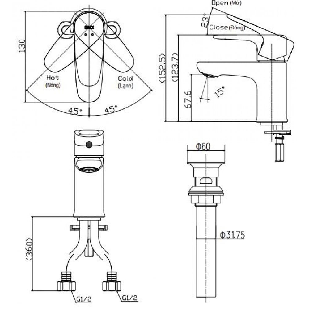 Bản vẽ kỹ thuật Vòi Chậu Rửa Mặt 1 Lỗ Thấp INAX LFV-1112S
