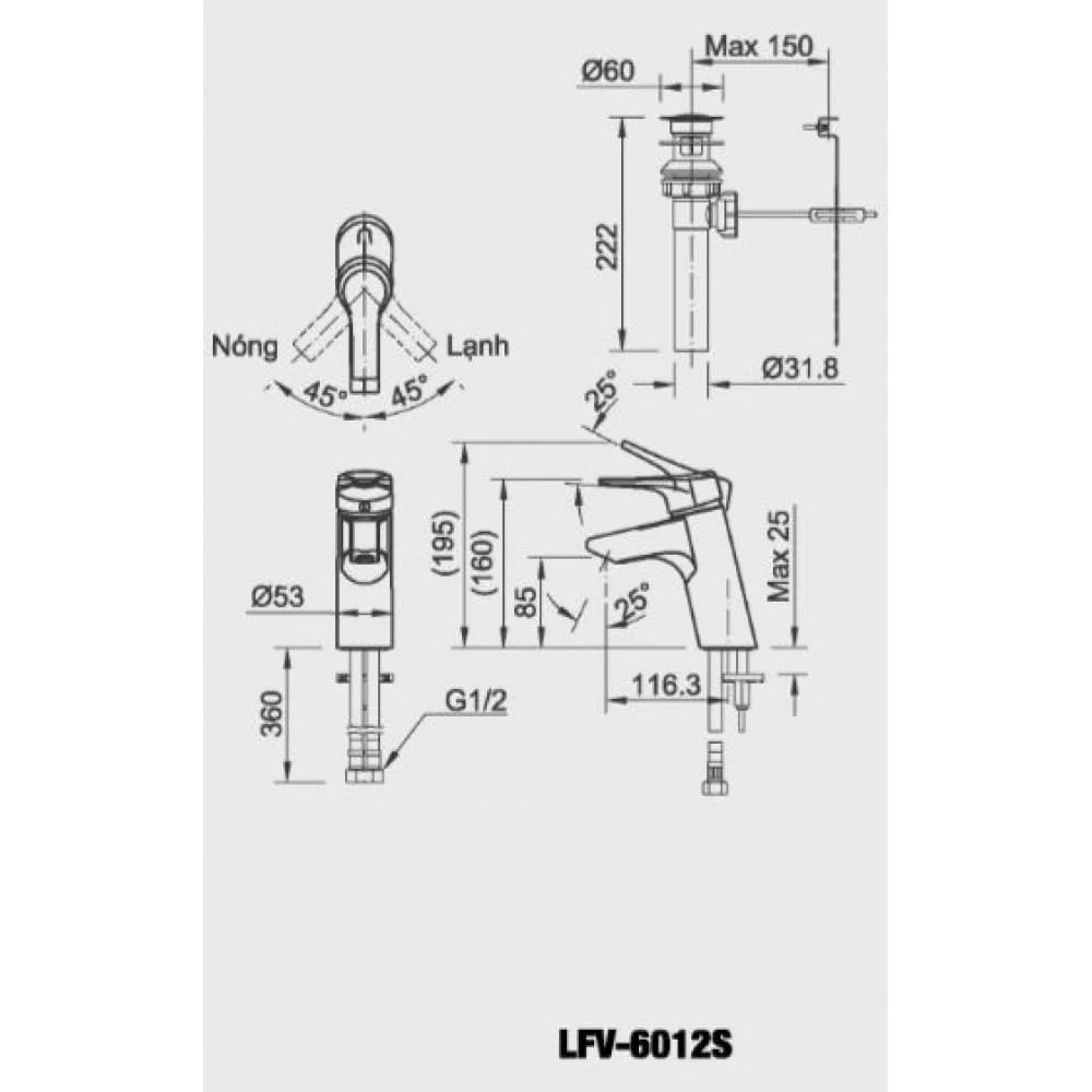 Bản vẽ kỹ thuật Vòi Chậu Rửa Mặt INAX LFV-6012S