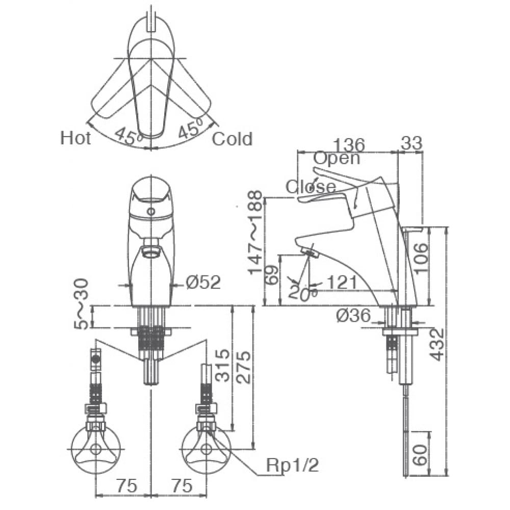 Bản vẽ kỹ thuật Vòi Chậu Rửa Mặt INAX LFV-5102S