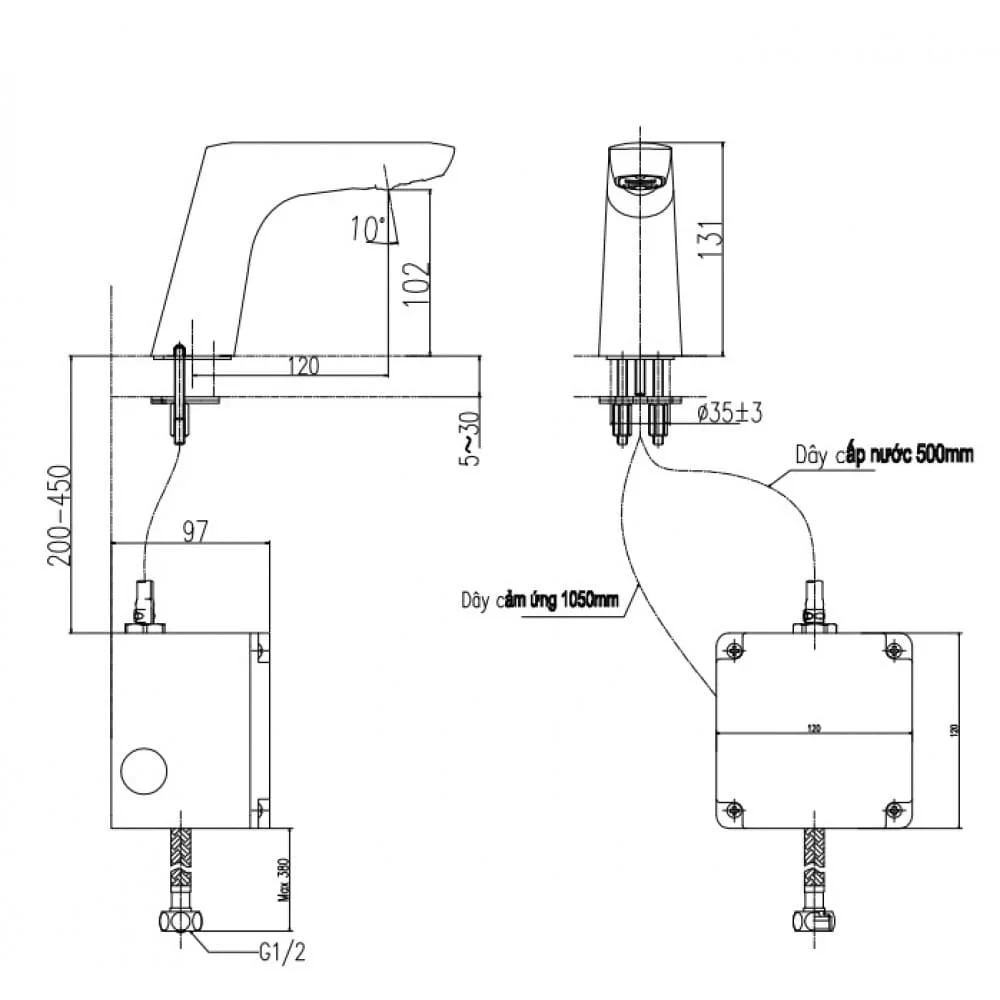 Hình ảnh bản vẽ kỹ thuật Vòi rửa cảm ứng nóng lạnh INAX AMV-50B
