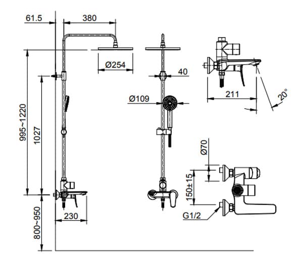 bản vẽ kỹ thuật Sen tắm cây nóng lạnh Inax BFV-515S