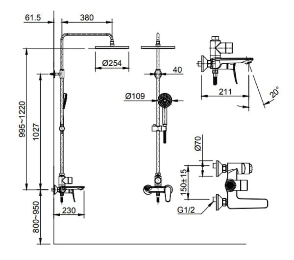bản vẽ kỹ thuật Sen tắm cây nóng lạnh Inax BFV-515S