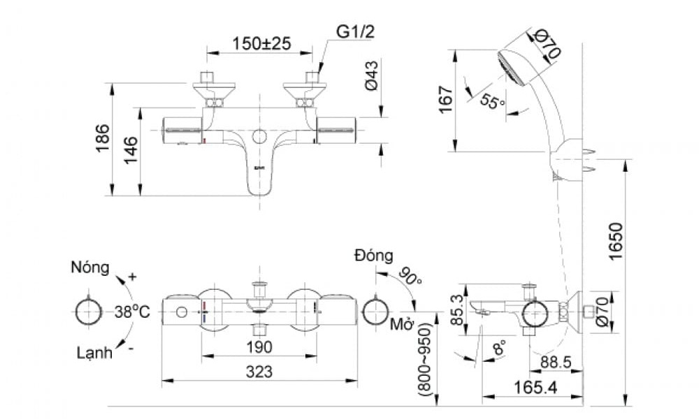 bản vẽ kỹ thuật Sen tắm cố định nhiệt độ INAX BFV-3413T-8C
