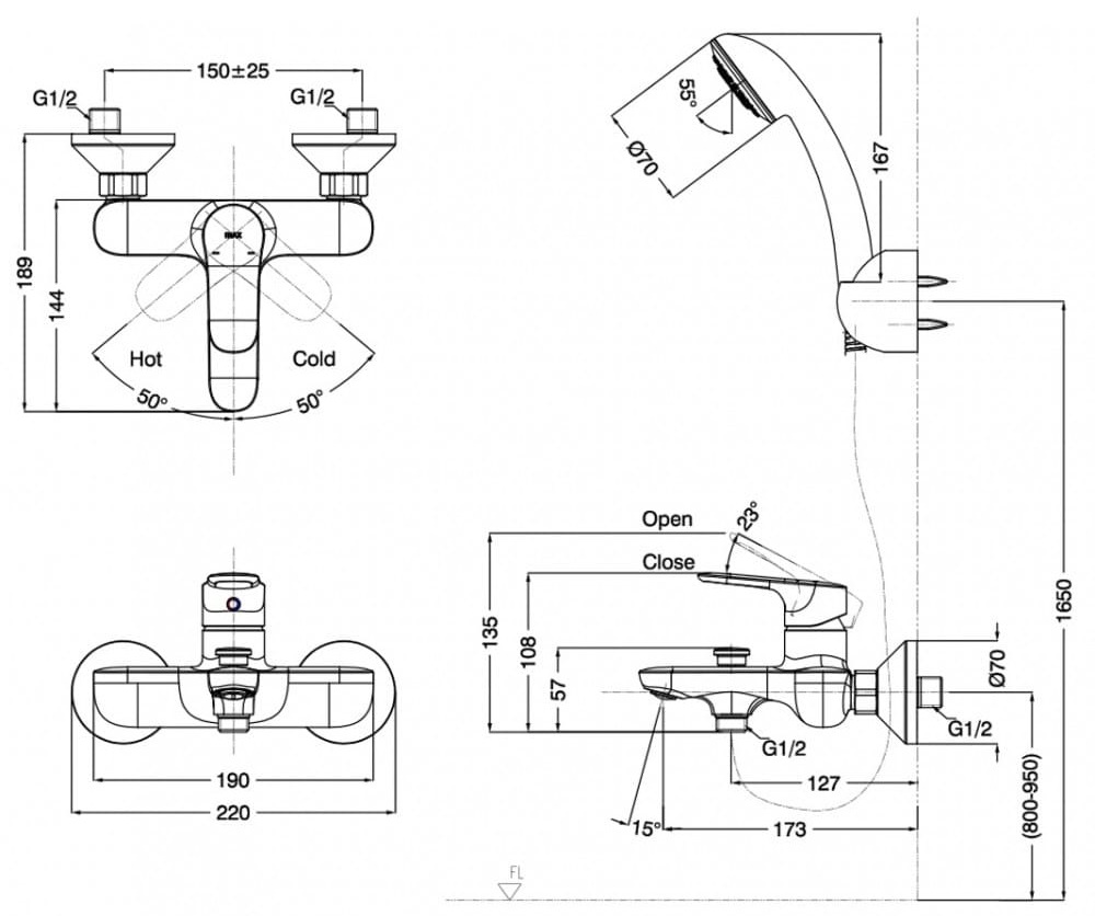 bản vẽ kỹ thuật Sen tắm nóng lạnh tăng áp INAX BFV-1403S-7C