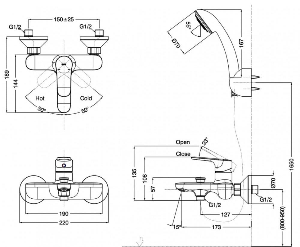 bản vẽ kỹ thuật Sen tắm nóng lạnh tay sen tăng áp INAX BFV-1403S-8C