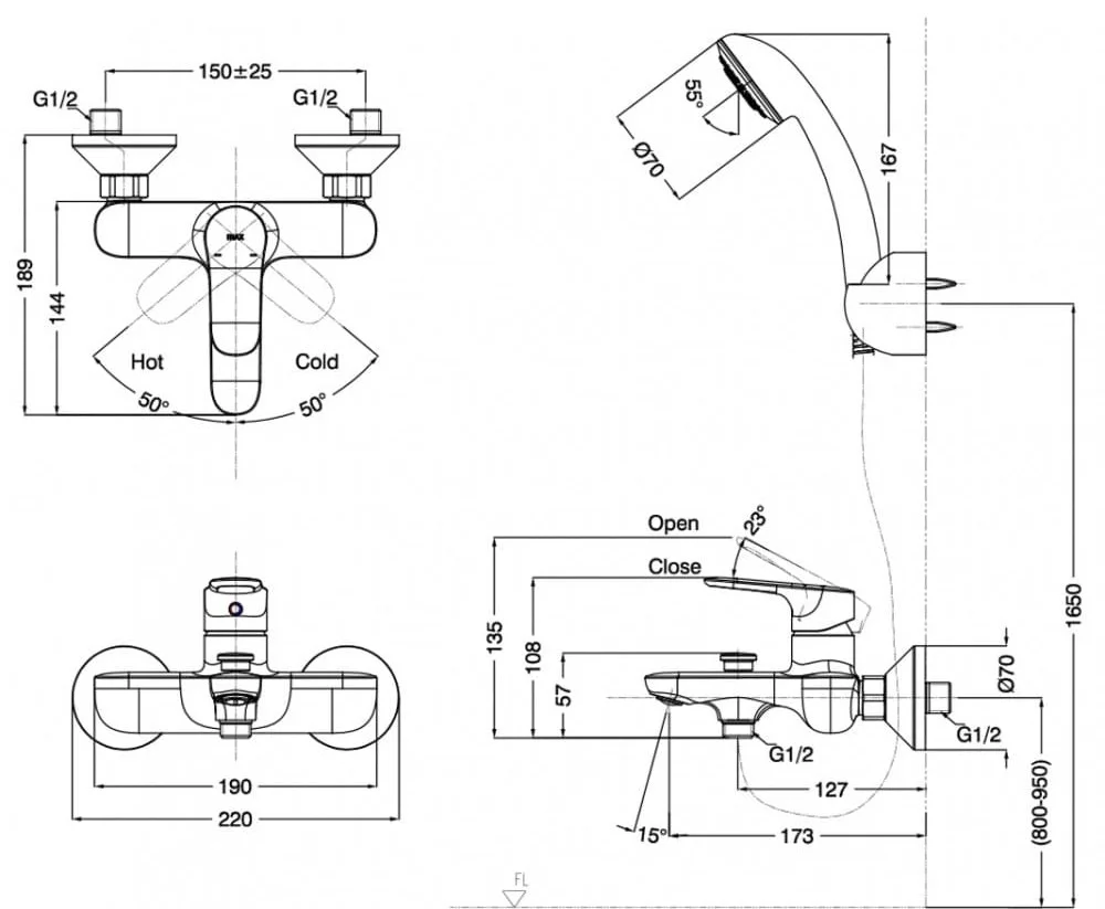 bản vẽ kỹ thuật Sen tắm nóng lạnh tay sen tăng áp INAX BFV-1403S-8C