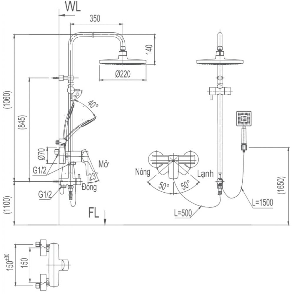 Bản vẽ kỹ thuật Sen tắm cây nóng lạnh Inax BFV-50S-5C