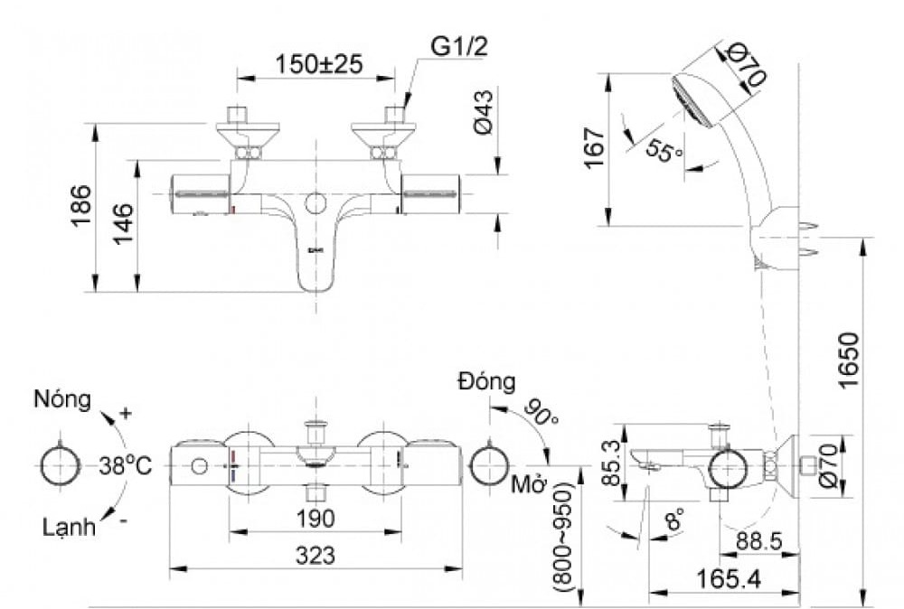 Bản vẽ kỹ thuật Sen tắm nhiệt độ Inax BFV-3413T-3C