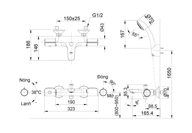 bản vẽ kỹ thuật Sen tắm nóng lạnh Inax BFV-3413T-4C
