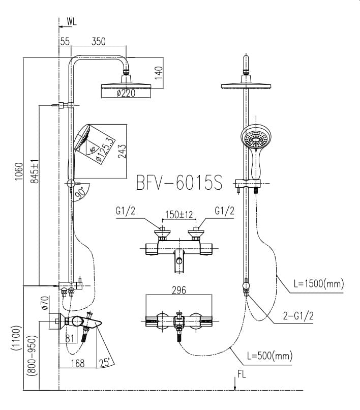 bản vẽ kỹ thuật Sen tắm cây nóng lạnh Inax BFV-6015S