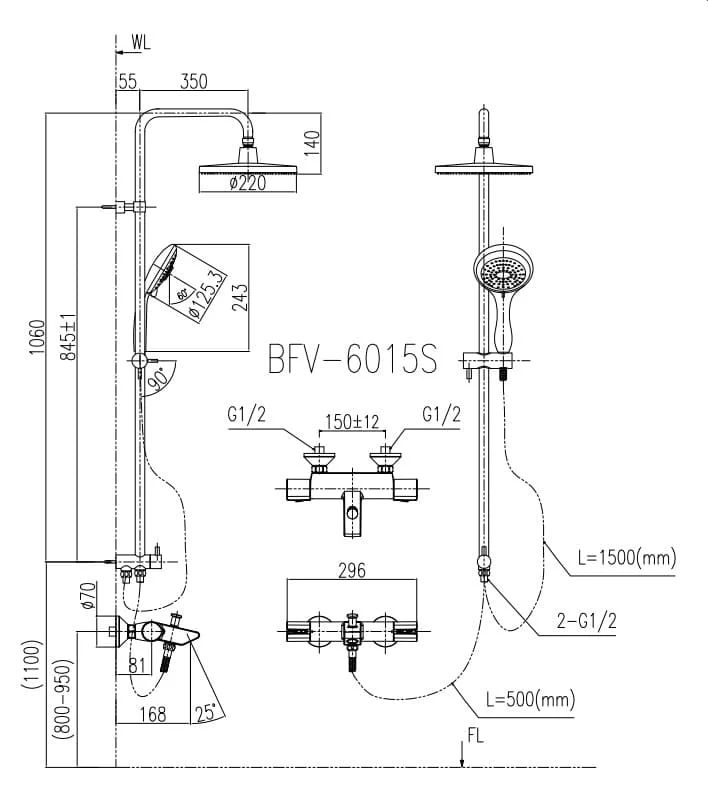 bản vẽ kỹ thuật Sen tắm cây nóng lạnh Inax BFV-6015S