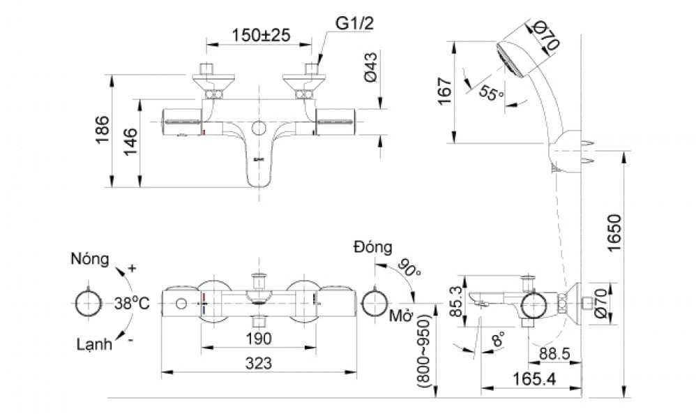 Bản vẽ kỹ thuật Sen tắm nhiệt độ INAX BFV-3413T-7C