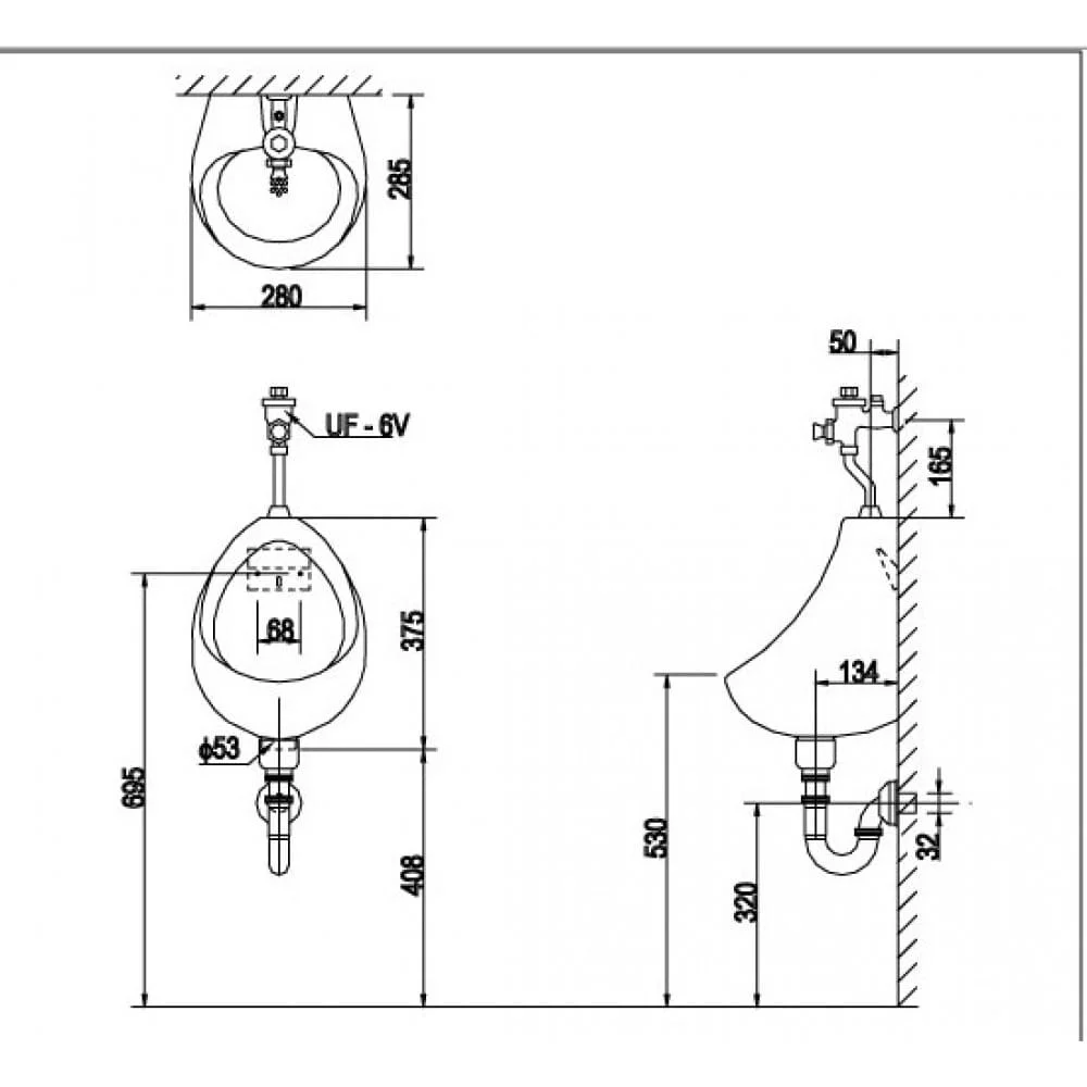 bản vẽ kỹ thuật Bồn tiểu nam treo tường Inax U-116V