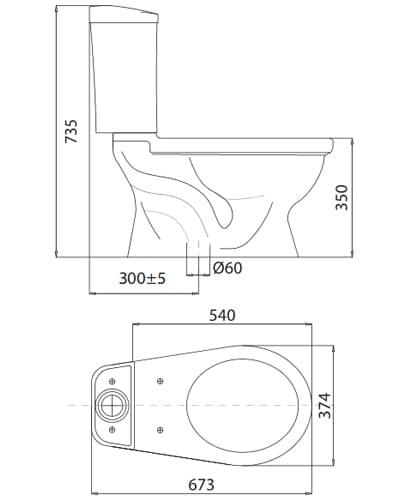 Bản vẽ kỹ thuật Bồn cầu 2 khối tay gạt nắp thường Viglacera VI77