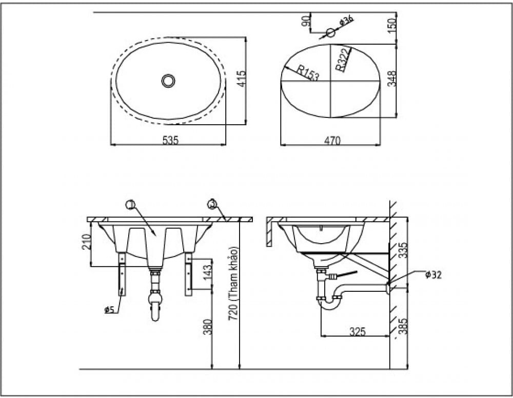 Bản vẽ kỹ thuật Chậu rửa mặt âm bàn đá Inax AL-2293V