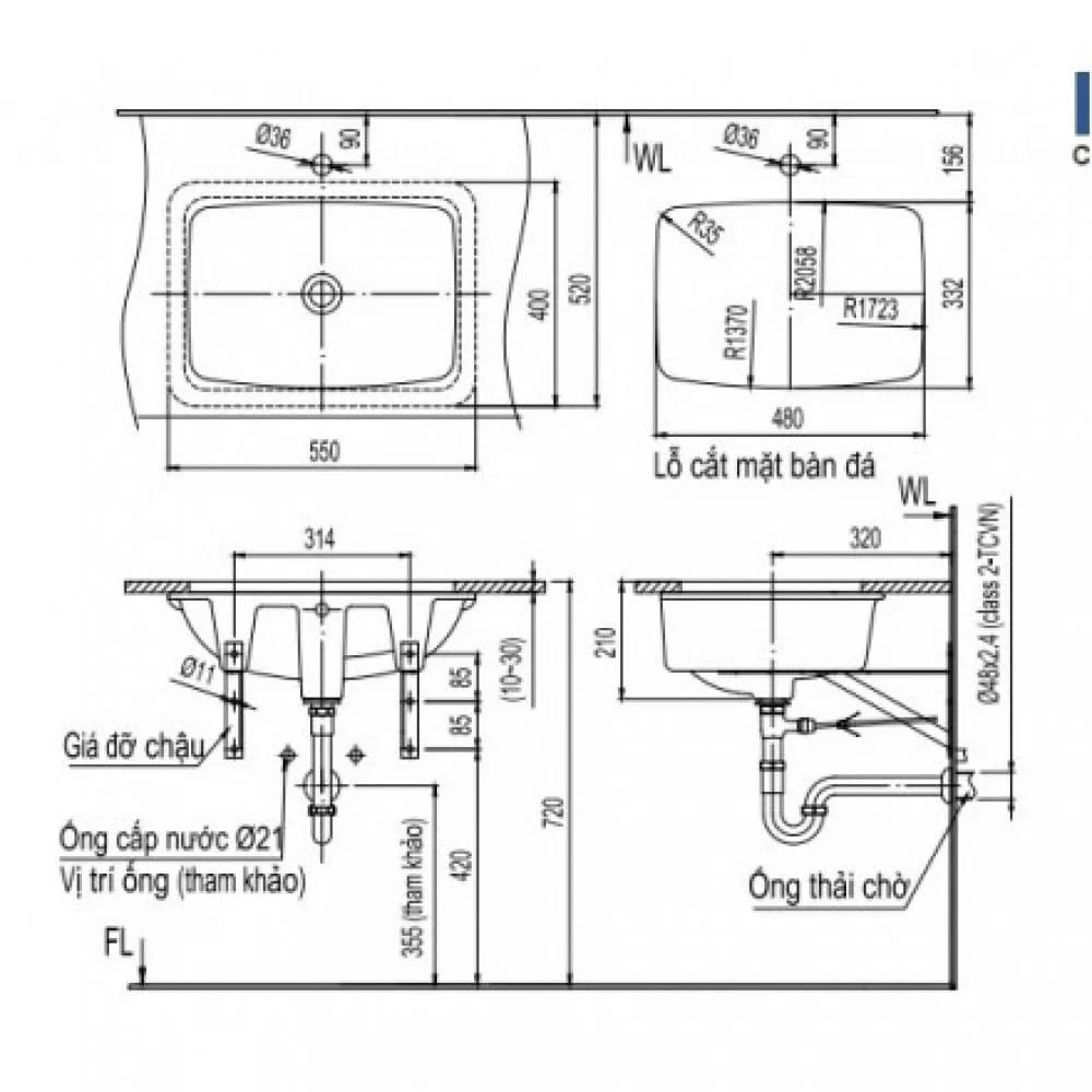 Bản vẽ kỹ thuật Chậu rửa mặt âm bàn đá Inax L-2298V