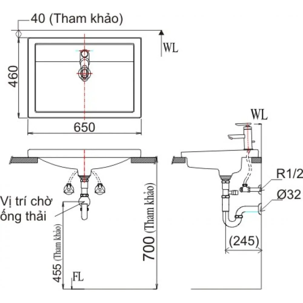 Bản vẽ kỹ thuật Chậu rửa mặt dương vành INAX AL-2397V